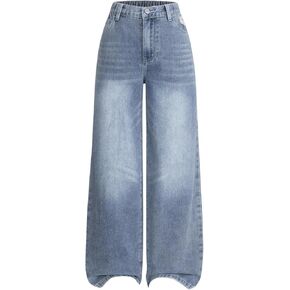 GORGLITTER Girl's Baggy Jeans Elastic Waist Wide Leg Jeans with Pockets