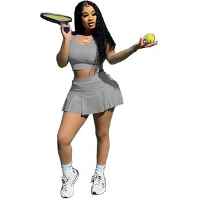 Women's 2 Piece Outfits Tennis Skirt Set Athletic Sleeveless Crop Tank Top Mini Pleated Golf Skorts Short Skirts