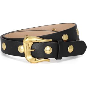 LEACOOLKEY Women Leather Belts for Jeans Dress Fashion Gold Black Leather Belt Women Studded Belt Punk Leather Belt