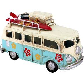 Vintage-Style Miniature Hippie Camper Van Model Tropical Theme Flower Decals 6.5inches Beach Bus Home Decor Gift for Boys Kids Hippie Van Ornament (Light Blue)