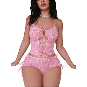 WDIRARA Women's Two Piece Floral Embroidered Lingerie Bow Front Hollow Out Mesh Sheer Tie Side Set