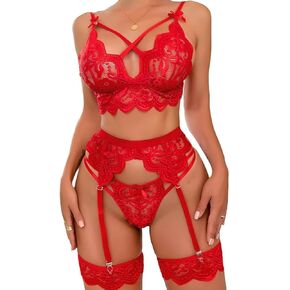 Women Garter Lingerie Set 4 Piece,Lace Bra and Panty Set with Garter Blet,Sexy High Waisted Bralette Lingerie Set