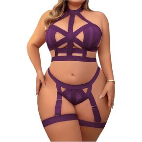 WDIRARA Women's Plus Size Strappy Harness Hollow Out 4 Piece Lingerie Set Criss Cross Bra and Thong Set with Garters