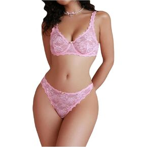 Women's 2 Piece Lace Floral Underwire Bra and Panty Sets Sheer Scallop Trim Lingerie Sets
