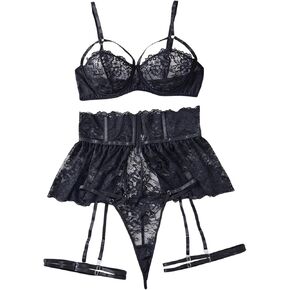 MakeMeChic Women's Plus Size 5 Piece Lingerie Sets Floral Lace Cut Out Bra and Skirt Set with Garter Belt