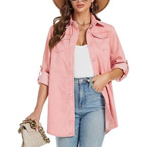 Kedera Womens Button Down Denim Shirt Long Sleeve Roll Up Boyfriend Jean Jacket Shacket