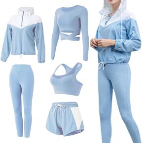 Workout Sets for Women, 5 PCS Gym Athletic Sets Yoga Running Outfits Tracksuit Activewear Sports Clothes