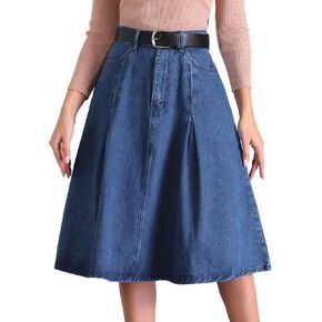 Allegra K Women's Denim Pleated Skirt High Waist A-Line Pockets Classic Midi Skirt with Belt