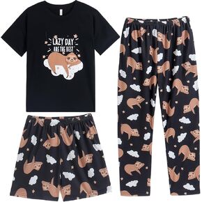 Vopmocld Big Girls' Short Sleeve & Shorts & Pants Pajama Sets 3PCS Cartoon Patterns Cute Lounge Sets for Teens 8-18 Years