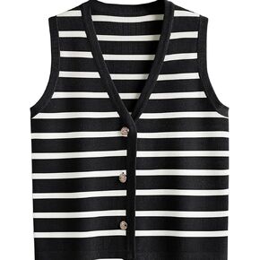 Women Knit Striped Sweater Vest Preppy Style Fall Crochet Cropped Button Up Work Tank Top Y2K Business Casual Outfits