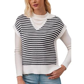Striped Knit Sweater Vest for Women Sleeveless Johnny Collar Pullover Tank Tops V Neck Cap Sleeve 2024 Fall Clothes
