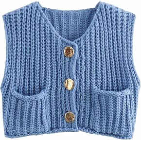Womens Crochet Chunky Knit Top Sleeveless Button Down Crop Tops Trendy Cardigan Sweater Vest for Women with Pockets