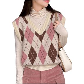 Floerns Women's Argyle Plaid V Neck Sweater Vest Contrast Binding Knit Tank Tops