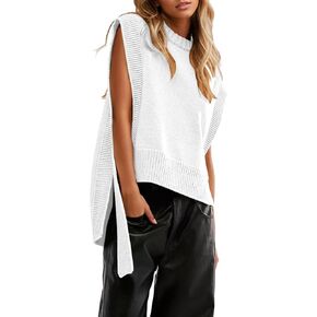 Women Oversized Crew Neck Sleeveless Sweater Vest Top High Low Hem Tie Up Knitted Pullover Tank Tops