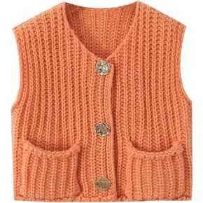 Womens Knit Vest Tops Sleeveless Cropped Chunky Sweater Vests Botton Down Lightweight Cardigan with Pockets