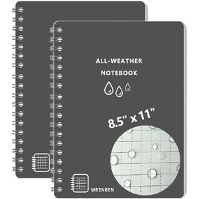 2PCS Waterproof Spiral Notebooks with Stone Paper and PVC Cover, Graph Pattern Weatherproof Notepad 100 Pages, Medium Size All-Weather Steno Pads for Outdoor Field (4.8"x7", Blue)