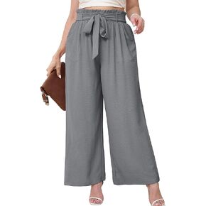 AusLook Women's Plus Size Wide Leg Pants with Pockets Dark Grey 4X Lightweight High Waisted Tie Knot Paperbag Dressy Palazzo Loose Paper Bag Comfy Business Casual Work Flowy Dress Ladies' Trousers