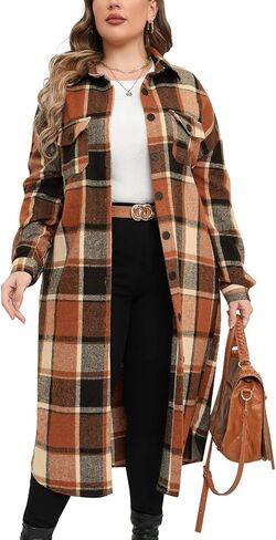 ZOMVA 2024 Women's 0X-5X Plus Size Long Flannel Plaid Shacket Jacket Oversized Button Down Coats Shirts with Pockets in Kuwait