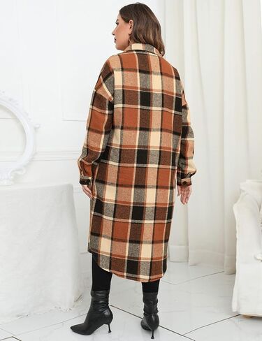 ZOMVA 2024 Women's 0X-5X Plus Size Long Flannel Plaid Shacket Jacket Oversized Button Down Coats Shirts with Pockets in Kuwait