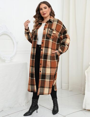 ZOMVA 2024 Women's 0X-5X Plus Size Long Flannel Plaid Shacket Jacket Oversized Button Down Coats Shirts with Pockets in Kuwait