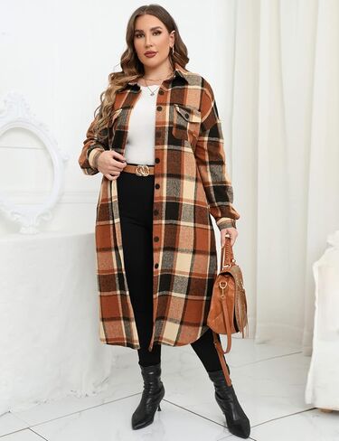 ZOMVA 2024 Women's 0X-5X Plus Size Long Flannel Plaid Shacket Jacket Oversized Button Down Coats Shirts with Pockets in Kuwait