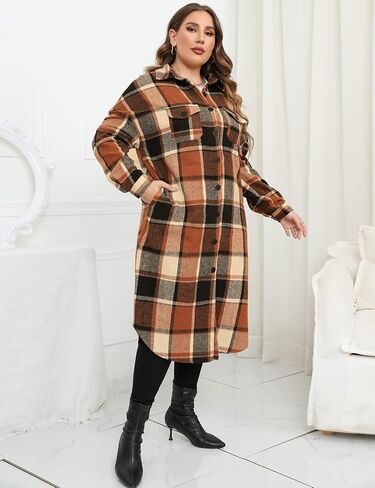 ZOMVA 2024 Women's 0X-5X Plus Size Long Flannel Plaid Shacket Jacket Oversized Button Down Coats Shirts with Pockets in Kuwait