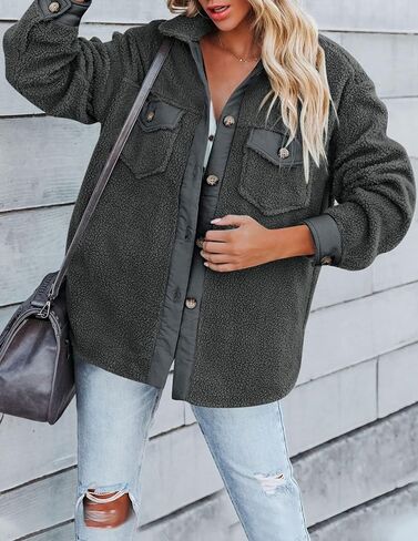 ZESICA Womens Winter Casual Sherpa Fleece Jacket Long Sleeve Button Solid Warm Fuzzy Outwear Coat Pockets in Saudi Arabia