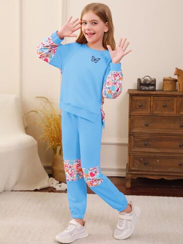 ملابس الفتيات كتلة اللون طباعة كم طويل البلوز البلوز Sweatpant مجموعة 2PC ملابس in Kuwait