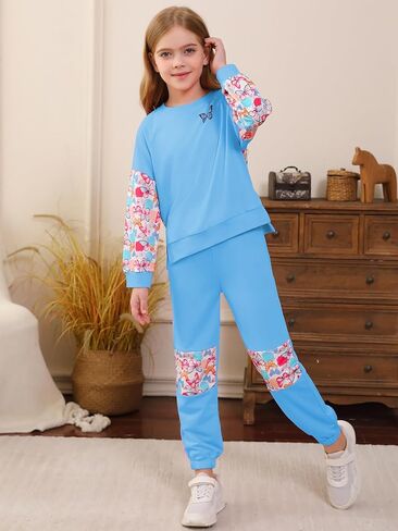 ملابس الفتيات كتلة اللون طباعة كم طويل البلوز البلوز Sweatpant مجموعة 2PC ملابس in Kuwait