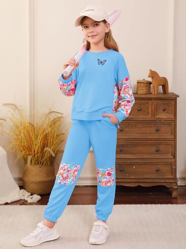 ملابس الفتيات كتلة اللون طباعة كم طويل البلوز البلوز Sweatpant مجموعة 2PC ملابس in Kuwait