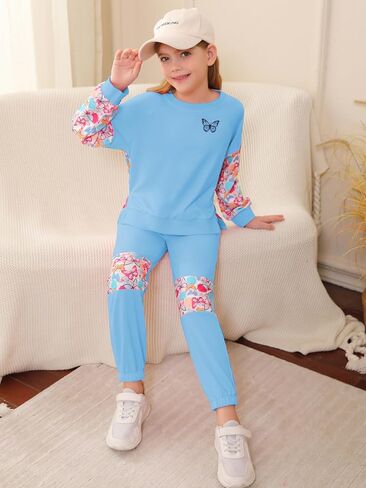 ملابس الفتيات كتلة اللون طباعة كم طويل البلوز البلوز Sweatpant مجموعة 2PC ملابس in Kuwait