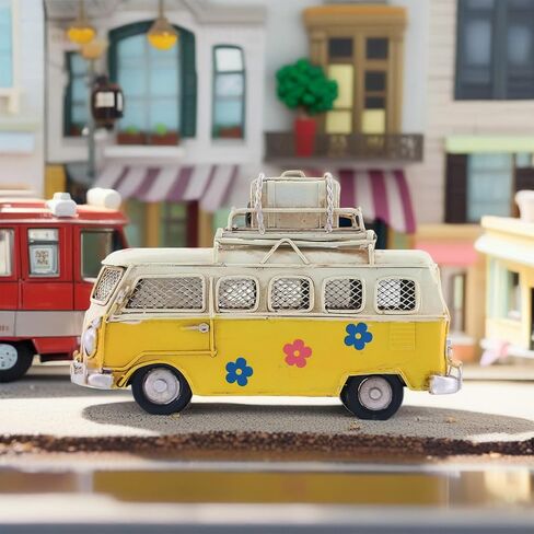 Vintage-Style Miniature Hippie Camper Van Model Tropical Theme Flower Decals 6.5inches Beach Bus Home Decor Gift for Boys Kids Hippie Van Ornament (Light Blue) in Kuwait
