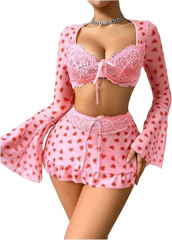 SHENHE Women's Heart Print Sweetheart Neck Long Sleeve Top and Thong with Skirt Lingerie Set in Saudi Arabia