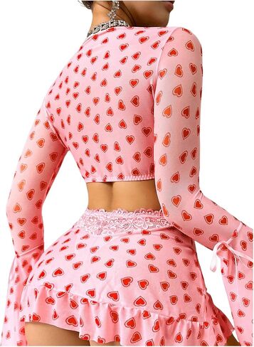 SHENHE Women's Heart Print Sweetheart Neck Long Sleeve Top and Thong with Skirt Lingerie Set in Saudi Arabia