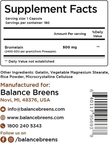 Bromelain 500mg, 180 Capsules - Pineapple Extract Digestive Enzyme - Supports Digestion and Joint Support Supplement - by Balance Breens in Saudi Arabia