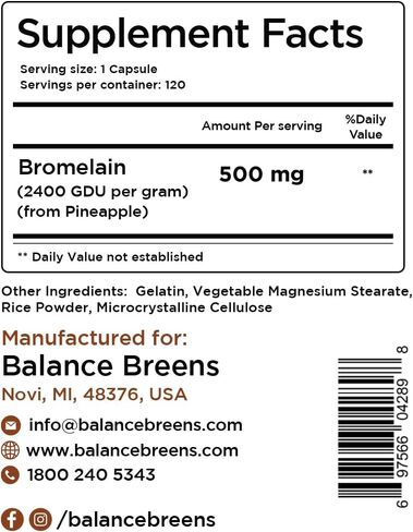 Bromelain 500mg, 180 Capsules - Pineapple Extract Digestive Enzyme - Supports Digestion and Joint Support Supplement - by Balance Breens in Kuwait