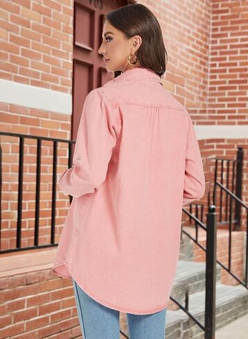 Kedera Womens Button Down Denim Shirt Long Sleeve Roll Up Boyfriend Jean Jacket Shacket in Kuwait