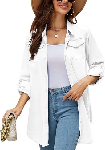 Kedera Womens Button Down Denim Shirt Long Sleeve Roll Up Boyfriend Jean Jacket Shacket in Kuwait