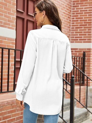 Kedera Womens Button Down Denim Shirt Long Sleeve Roll Up Boyfriend Jean Jacket Shacket in Kuwait