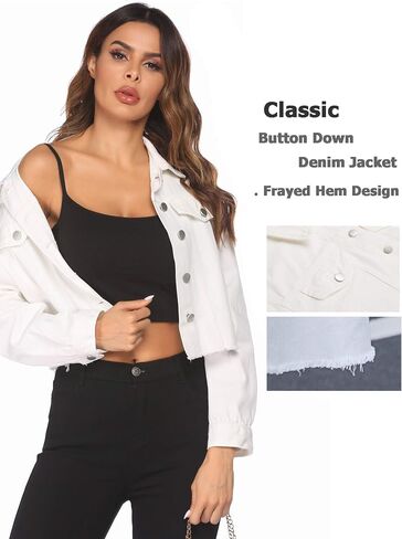 HOTLOOX Women's Jean Jacket Frayed Washed Button Up Cropped Denim Jacket With Pockets S-XXL in Saudi Arabia