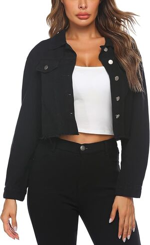 HOTLOOX Women's Jean Jacket Frayed Washed Button Up Cropped Denim Jacket With Pockets S-XXL in Saudi Arabia