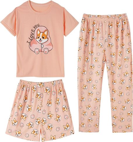 Vopmocld Big Girls' Short Sleeve & Shorts & Pants Pajama Sets 3PCS Cartoon Patterns Cute Lounge Sets for Teens 8-18 Years in Saudi Arabia