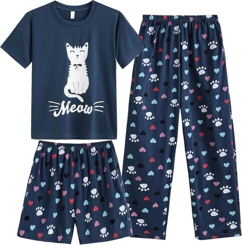 Vopmocld Big Girls' Short Sleeve & Shorts & Pants Pajama Sets 3PCS Cartoon Patterns Cute Lounge Sets for Teens 8-18 Years in Saudi Arabia