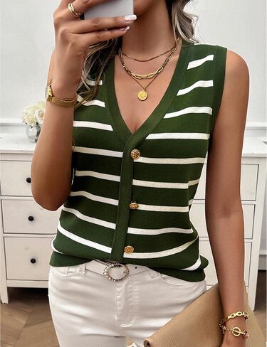 المرأة متماسكة سويتر مقلم سترة نمط Preppy الخريف الكروشيه اقتصاص زر حتى العمل تانك القمم Y2K الأعمال ملابس غير رسمية in Kuwait