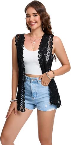 Boho Crochet Vest Sheer Sleeveless Lightweigth Lace Cardigan in Saudi Arabia