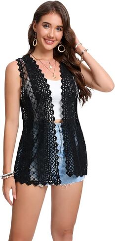 Boho Crochet Vest Sheer Sleeveless Lightweigth Lace Cardigan in Saudi Arabia