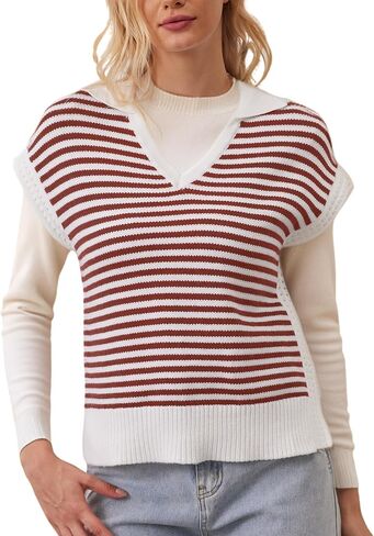 Striped Knit Sweater Vest for Women Sleeveless Johnny Collar Pullover Tank Tops V Neck Cap Sleeve 2024 Fall Clothes in Saudi Arabia