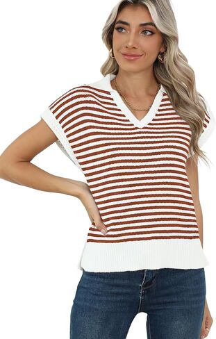 Striped Knit Sweater Vest for Women Sleeveless Johnny Collar Pullover Tank Tops V Neck Cap Sleeve 2024 Fall Clothes in Saudi Arabia