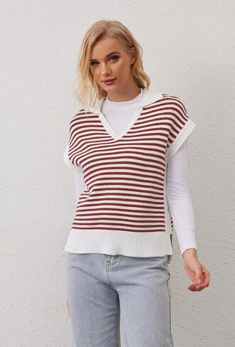 Striped Knit Sweater Vest for Women Sleeveless Johnny Collar Pullover Tank Tops V Neck Cap Sleeve 2024 Fall Clothes in Saudi Arabia