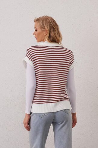 Striped Knit Sweater Vest for Women Sleeveless Johnny Collar Pullover Tank Tops V Neck Cap Sleeve 2024 Fall Clothes in Saudi Arabia